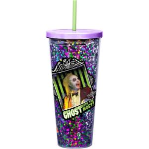 Spoontiques Beetlejuice Glitter Filled Acrylic Tumbler – Glitter Cup with Straw – 32oz – Stainless Steel Locking Lid with Straw – Double Wall Insulated – BPA Free