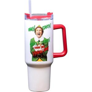 Spoontiques – Stainless Steel Travel Mug with Handle – 40oz Capacity – Double Wall Stainless Steel with Sliding Lock Travel Lid – 11″ Tall – Elf