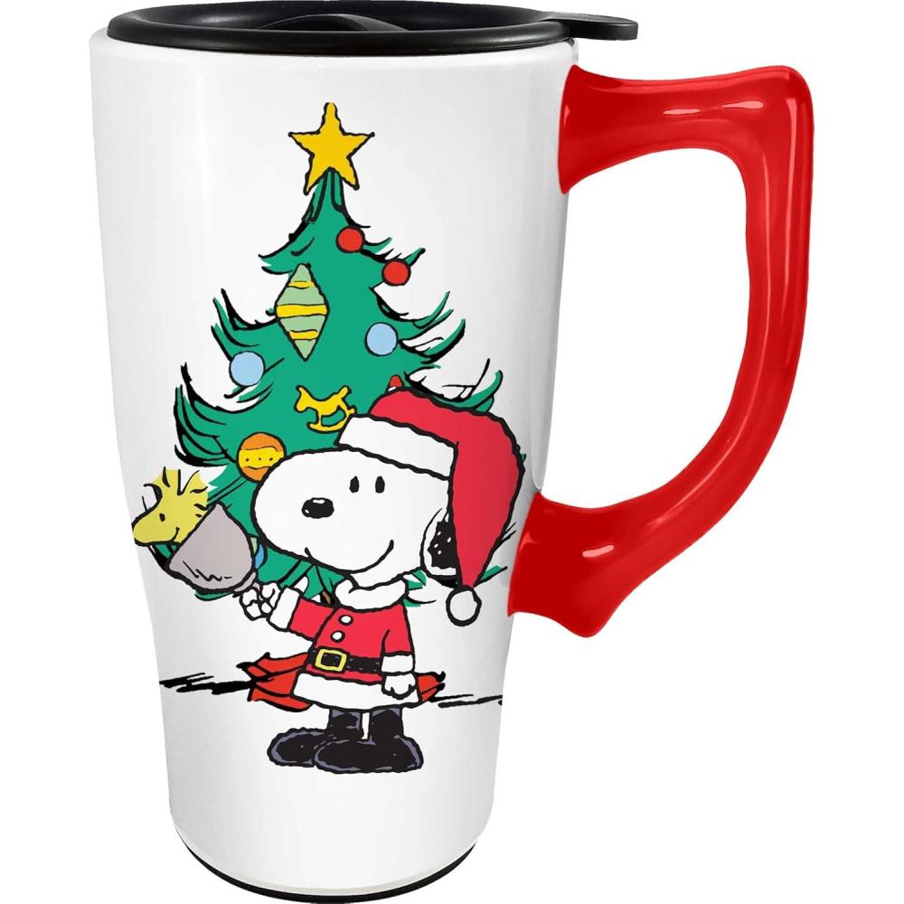 image:imageSpoontiques Ceramic Travel Coffee Mug with Lid and Handle Spill Proof Lid Double Walled Mug for Hot and Cold Beverages Microwave and Dishwasher Safe Gilmore Girls Travel MugPeanuts Snoopy Christmas