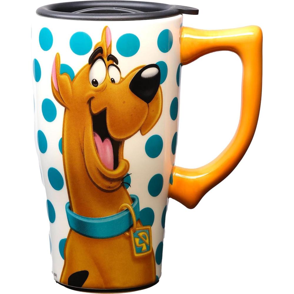 image:imageSpoontiques Ceramic Travel Coffee Mug with Lid and Handle Spill Proof Lid Double Walled Mug for Hot and Cold Beverages Microwave and Dishwasher Safe Gilmore Girls Travel MugScooby Doo