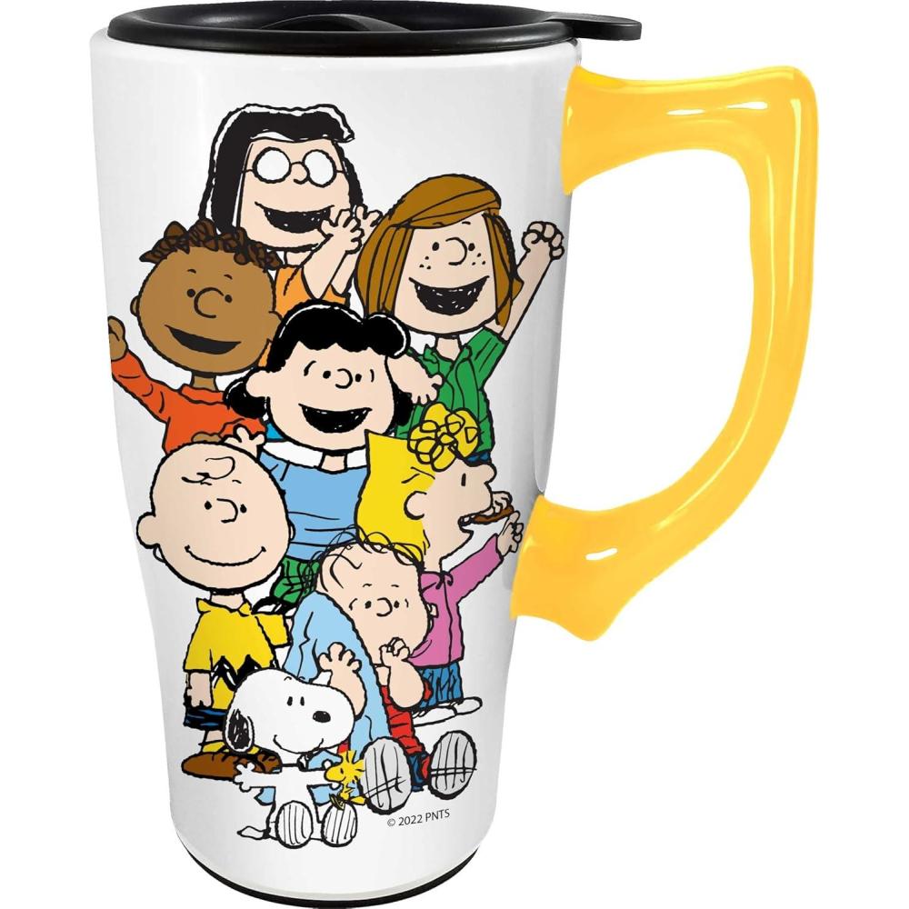 image:imageSpoontiques  Ceramic Travel Coffee Mug with Lid and Handle  Spill Proof Lid  Double Walled Mug for Hot and Cold Beverages  Microwave and Dishwasher Safe  Gilmore Girls Travel MugPeanuts