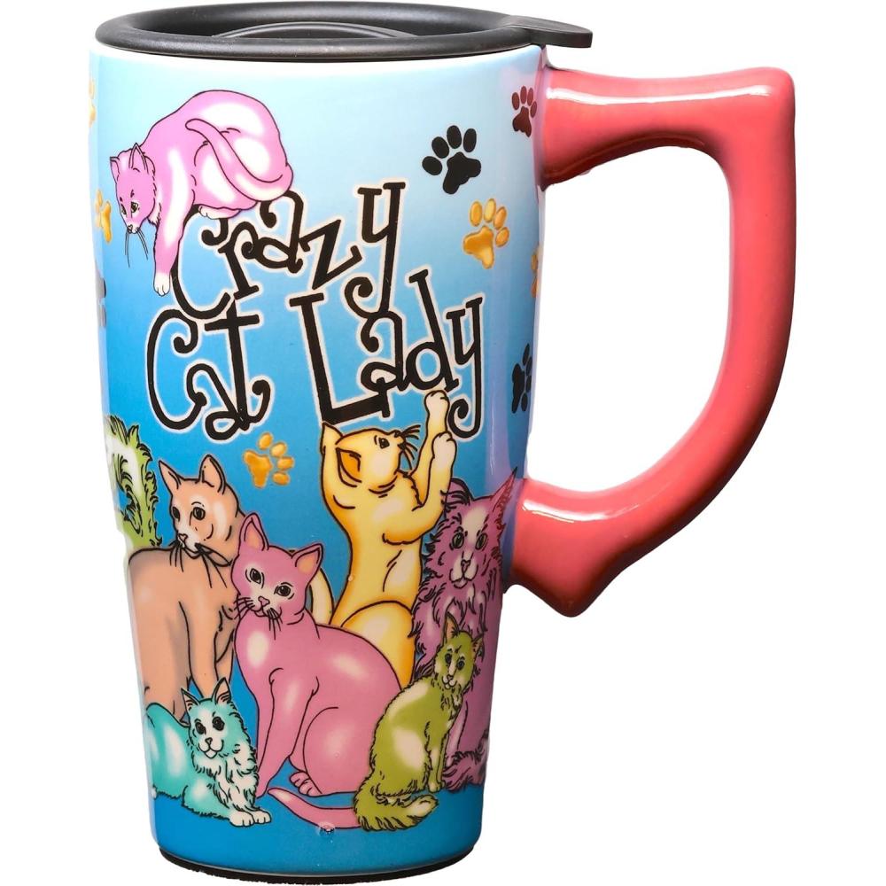 image:imageSpoontiques  Ceramic Travel Coffee Mug with Lid and Handle  Spill Proof Lid  Double Walled Mug for Hot and Cold Beverages  Microwave and Dishwasher Safe  Fishing Lures Travel MugCrazy Cat Lady