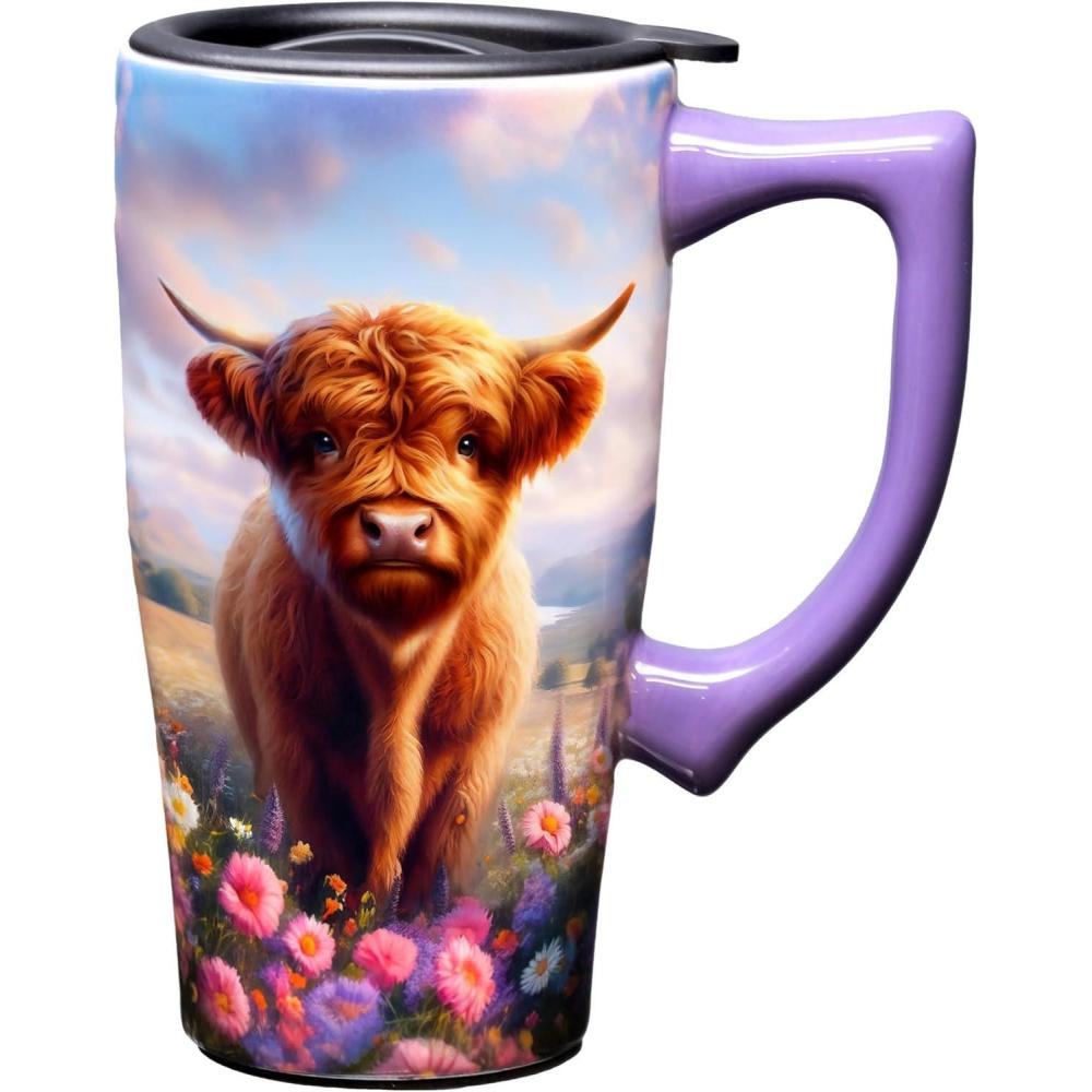 image:imageSpoontiques  Ceramic Travel Coffee Mug with Lid and Handle  Spill Proof Lid  Double Walled Mug for Hot and Cold Beverages  Microwave and Dishwasher Safe  Fishing Lures Travel MugHighland Cow