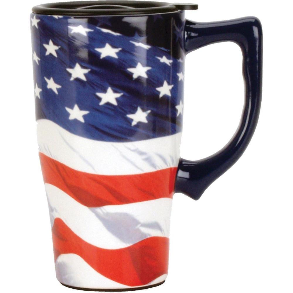image:imageSpoontiques  Ceramic Travel Coffee Mug with Lid and Handle  Spill Proof Lid  Double Walled Mug for Hot and Cold Beverages  Microwave and Dishwasher Safe  Fishing Lures Travel MugAmerican Flag