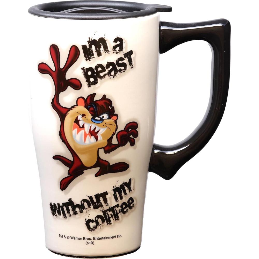 image:imageSpoontiques Ceramic Travel Coffee Mug with Lid and Handle Spill Proof Lid Double Walled Mug for Hot and Cold Beverages Microwave and Dishwasher Safe Gilmore Girls Travel MugLooney Tunes Taz
