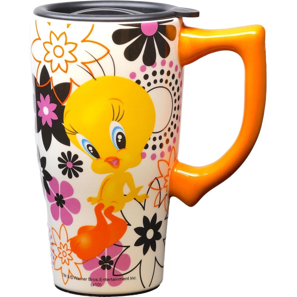 image:imageSpoontiques Ceramic Travel Coffee Mug with Lid and Handle Spill Proof Lid Double Walled Mug for Hot and Cold Beverages Microwave and Dishwasher Safe Gilmore Girls Travel MugLooney Tunes Tweety