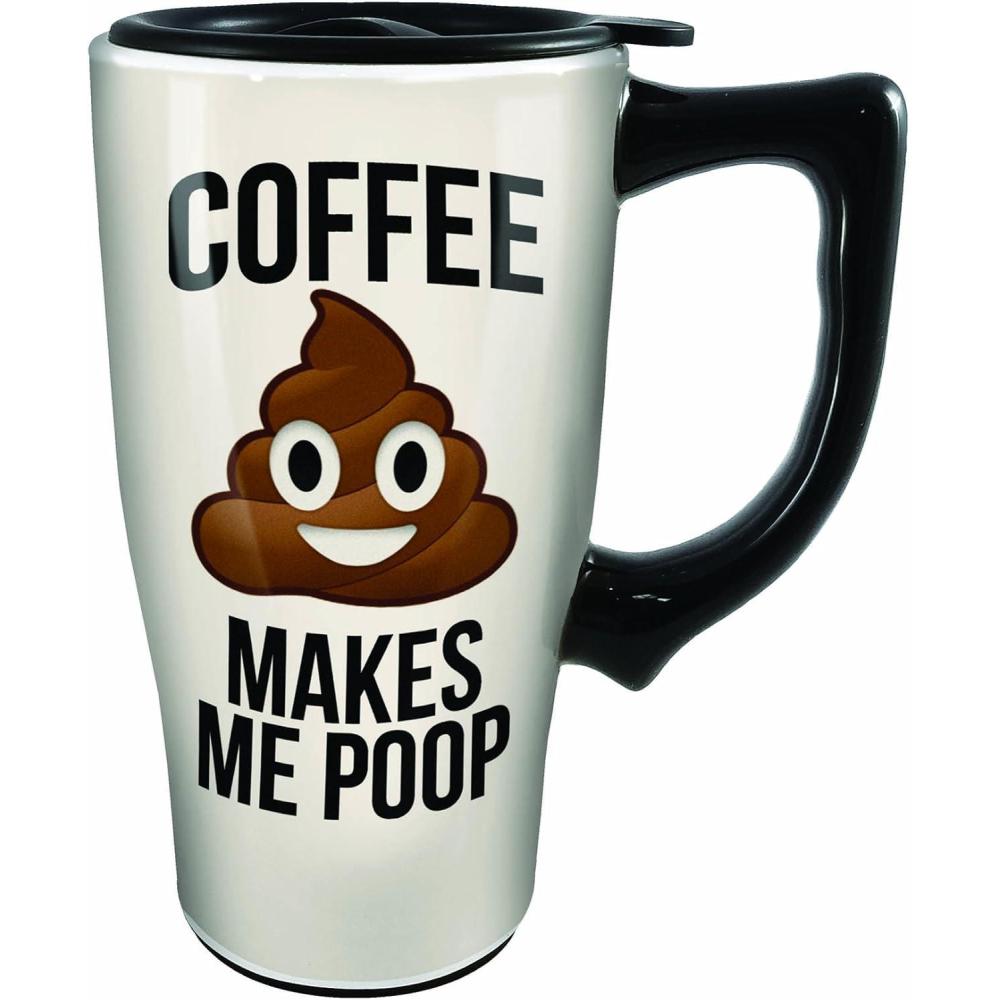 image:imageSpoontiques  Ceramic Travel Coffee Mug with Lid and Handle  Spill Proof Lid  Double Walled Mug for Hot and Cold Beverages  Microwave and Dishwasher Safe  Fishing Lures Travel MugCoffee Makes Me Poop