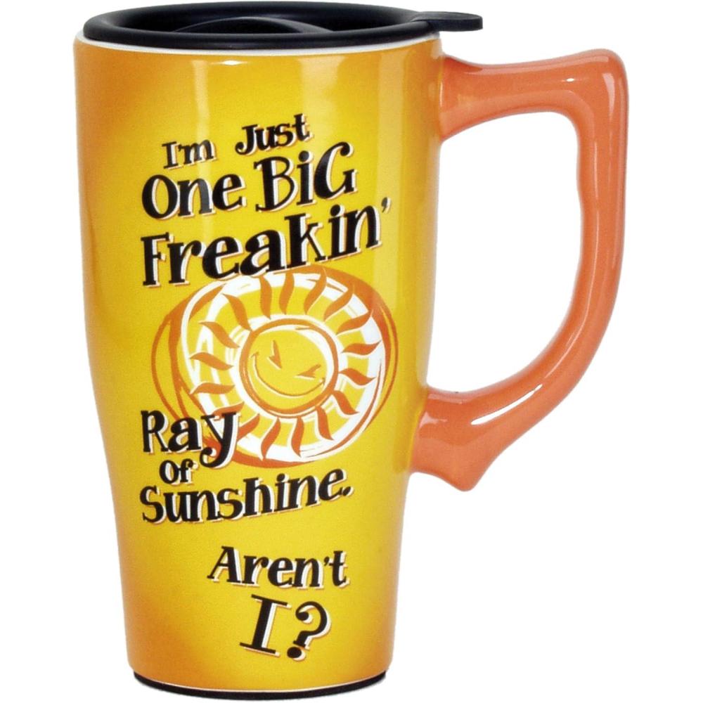 image:imageSpoontiques  Ceramic Travel Coffee Mug with Lid and Handle  Spill Proof Lid  Double Walled Mug for Hot and Cold Beverages  Microwave and Dishwasher Safe  Fishing Lures Travel MugBig Ray of Sunshine