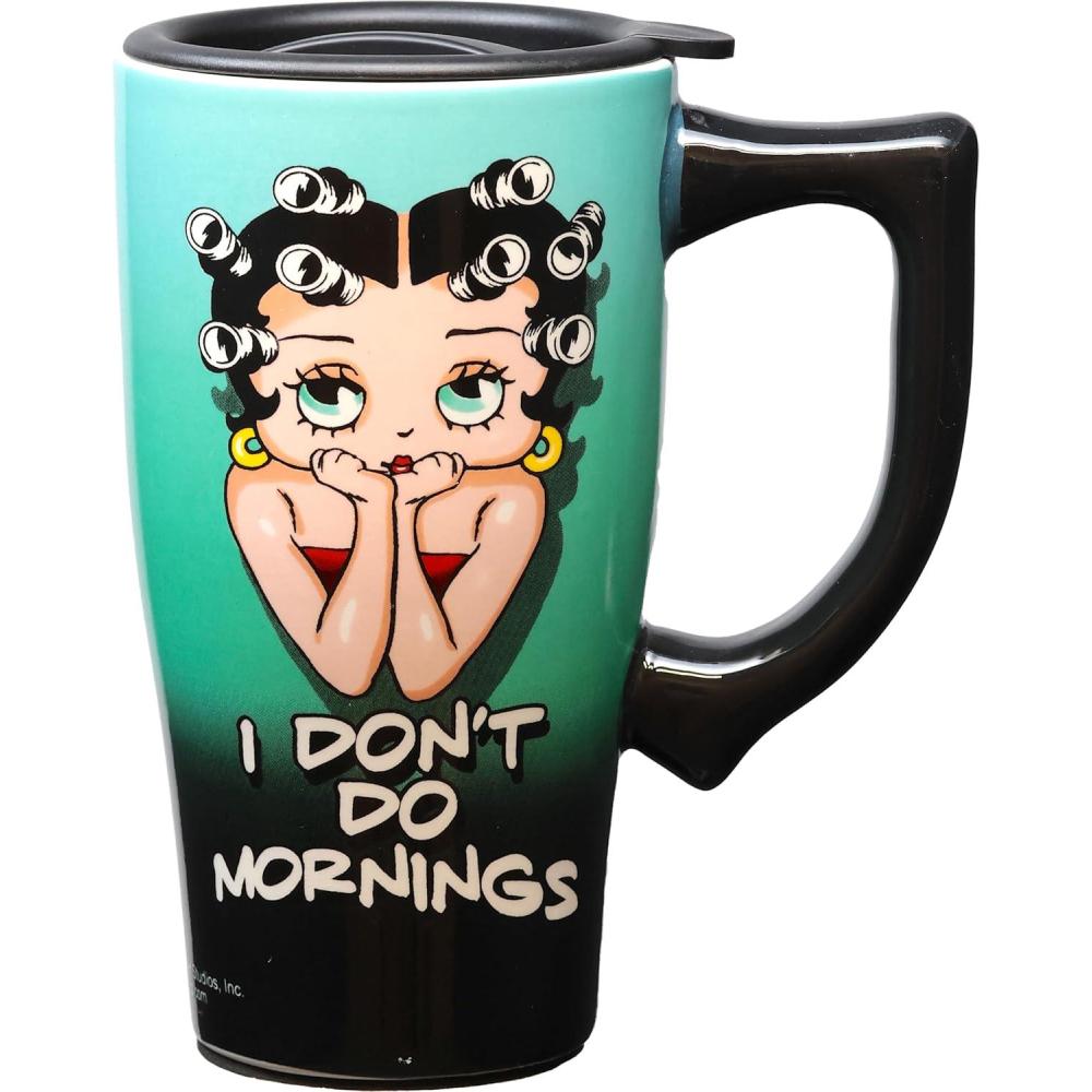 image:imageSpoontiques Ceramic Travel Coffee Mug with Lid and Handle Spill Proof Lid Double Walled Mug for Hot and Cold Beverages Microwave and Dishwasher Safe Gilmore Girls Travel MugBetty Boop Mornings