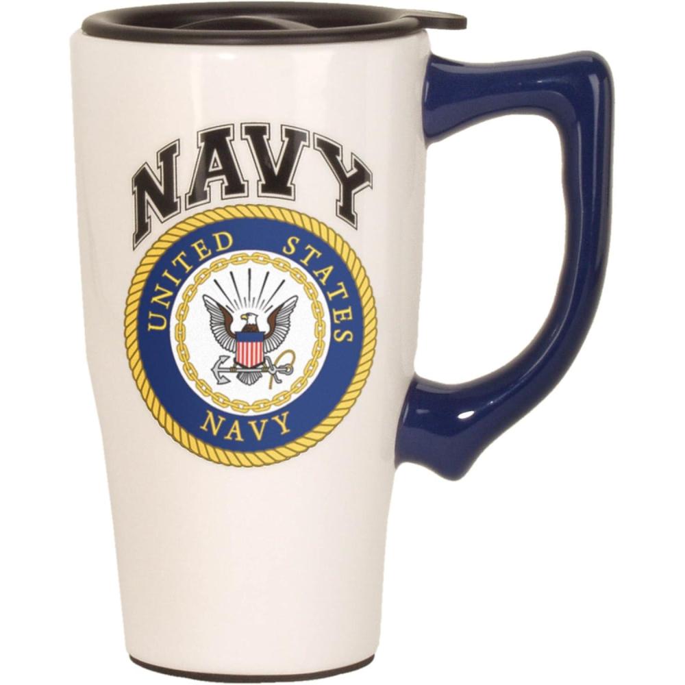 image:imageSpoontiques  Ceramic Travel Coffee Mug with Lid and Handle  Spill Proof Lid  Double Walled Mug for Hot and Cold Beverages  Microwave and Dishwasher Safe  Fishing Lures Travel MugNavy