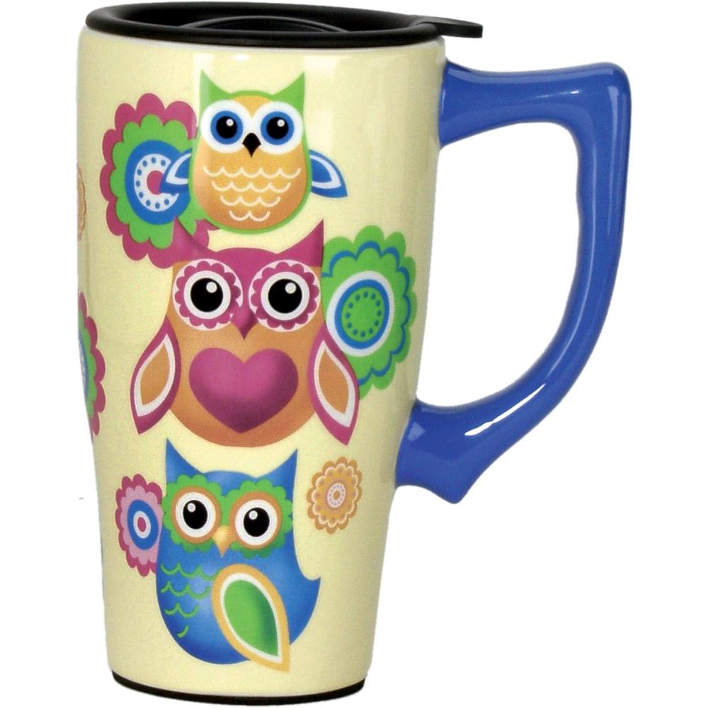 image:imageSpoontiques  Ceramic Travel Coffee Mug with Lid and Handle  Spill Proof Lid  Double Walled Mug for Hot and Cold Beverages  Microwave and Dishwasher Safe  Fishing Lures Travel MugOwls