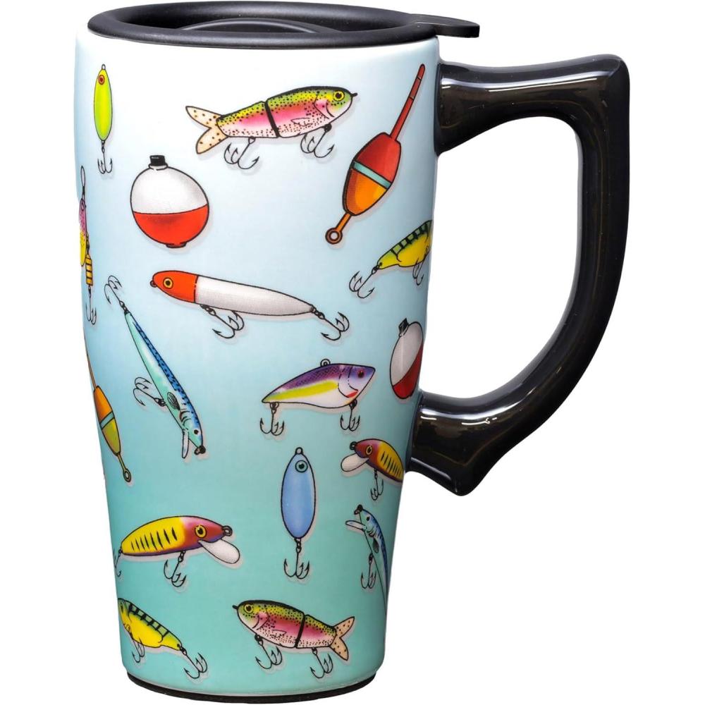 image:imageSpoontiques  Ceramic Travel Coffee Mug with Lid and Handle  Spill Proof Lid  Double Walled Mug for Hot and Cold Beverages  Microwave and Dishwasher Safe  Fishing Lures Travel MugFishing Lures