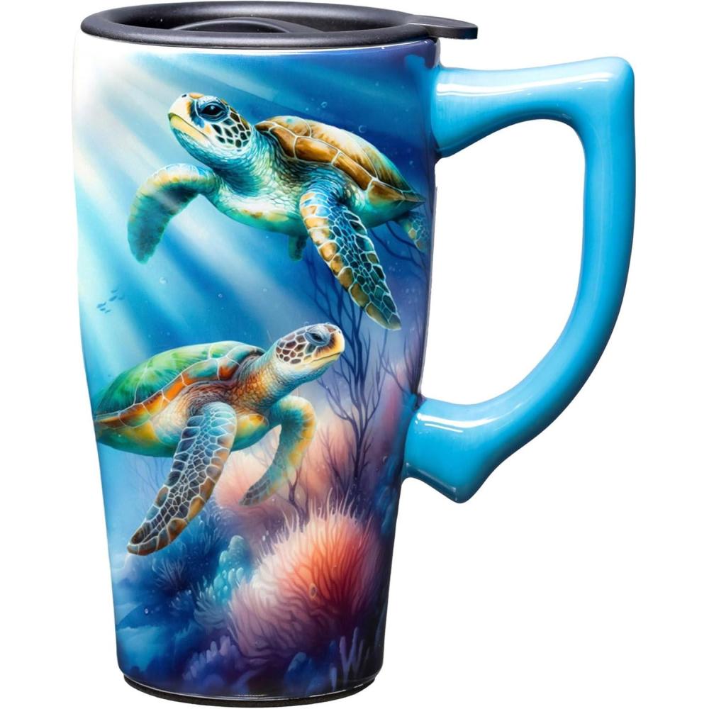 image:imageSpoontiques  Ceramic Travel Coffee Mug with Lid and Handle  Spill Proof Lid  Double Walled Mug for Hot and Cold Beverages  Microwave and Dishwasher Safe  Fishing Lures Travel MugSea Turtle