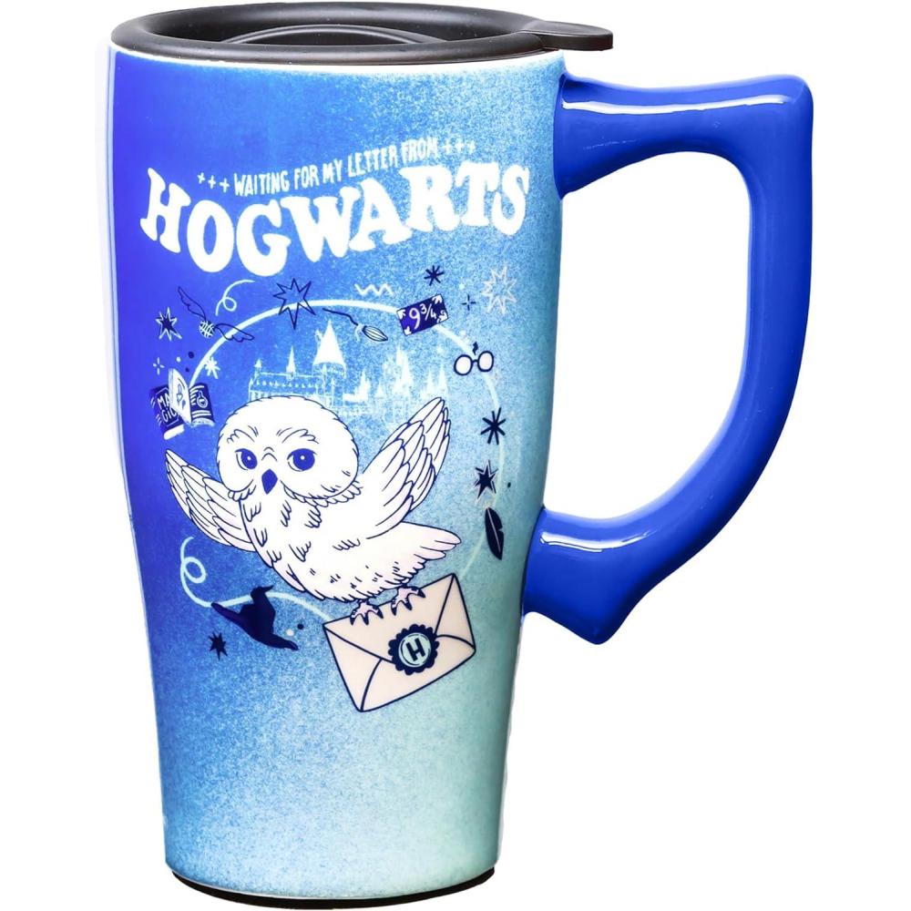 image:imageSpoontiques Ceramic Travel Coffee Mug with Lid and Handle Spill Proof Lid Double Walled Mug for Hot and Cold Beverages Microwave and Dishwasher Safe Gilmore Girls Travel MugHP Hedwig