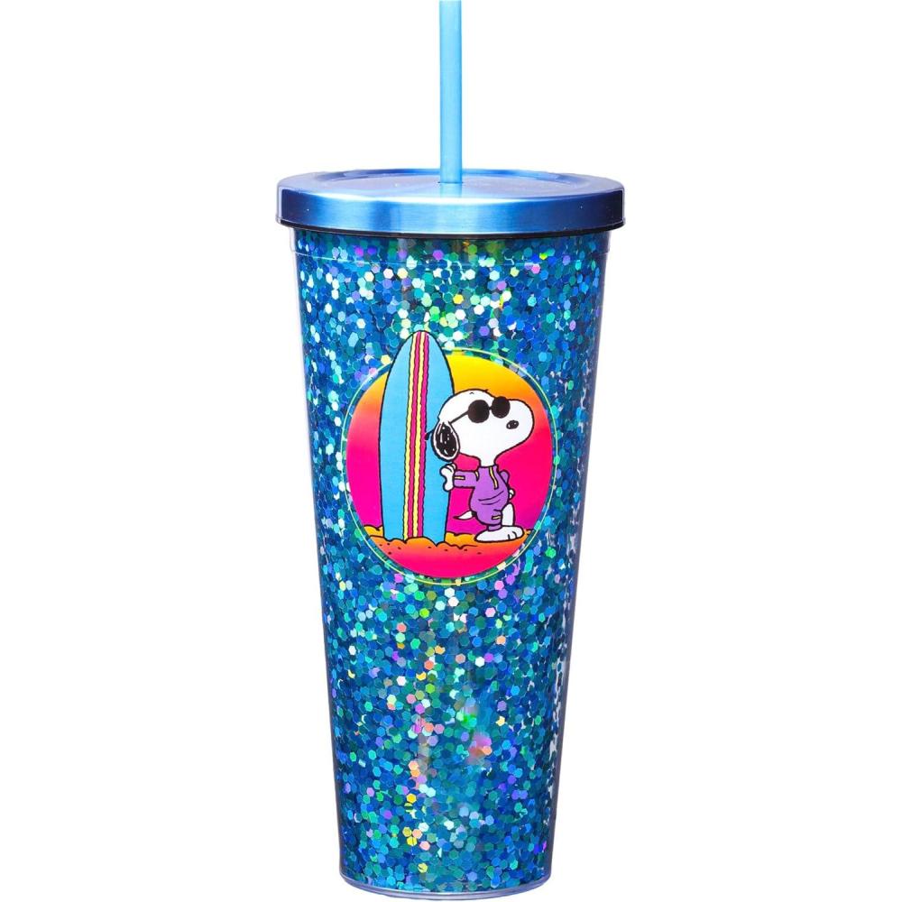image:imageSpoontiques Glitter Filled Acrylic Tumbler Glitter Cup with Straw 20 oz Stainless Steel Locking Lid with Straw Double Wall Insulated BPA Free Frosty the Snowman Glitter CupPeanuts Snoopy Beach