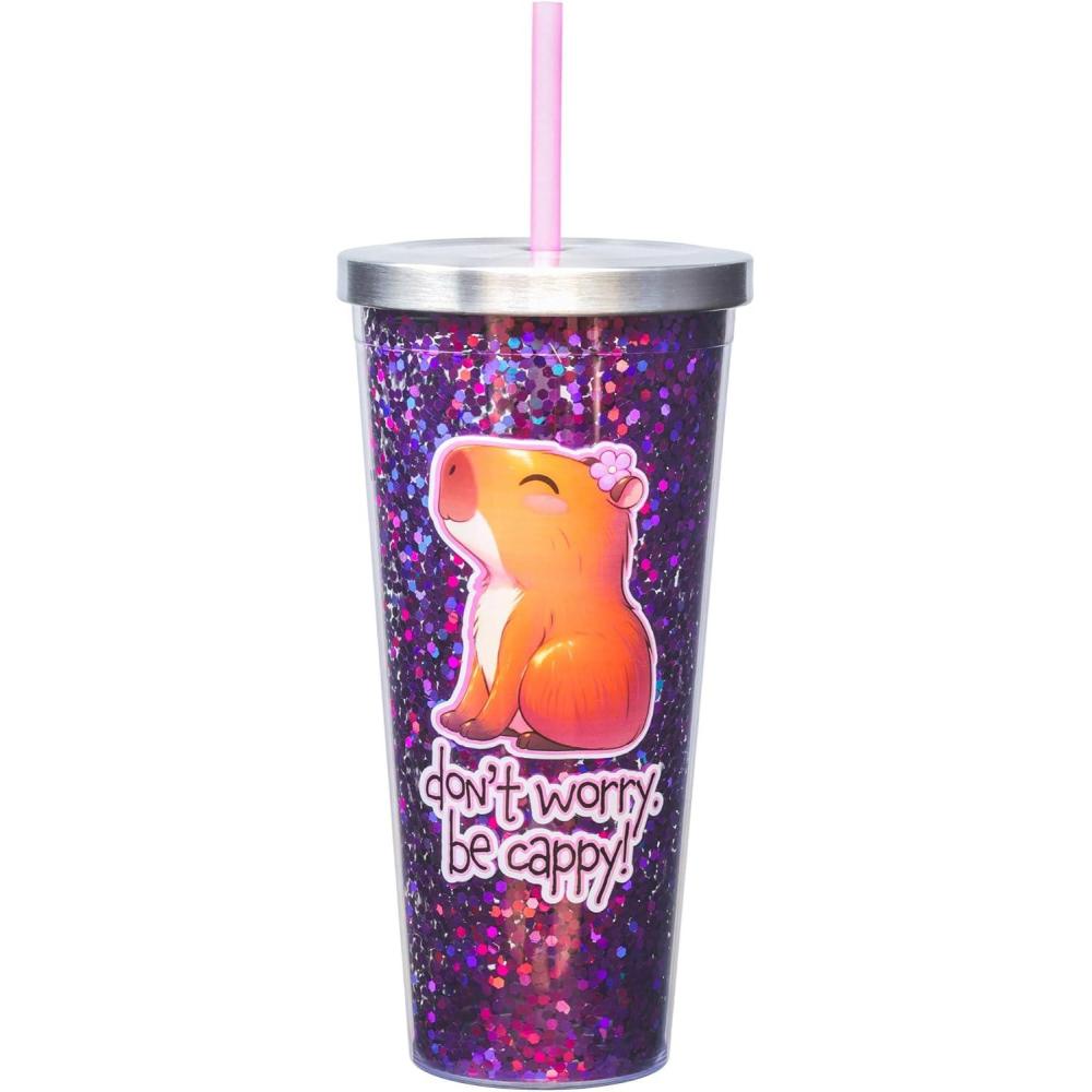 image:imageSpoontiques Glitter Filled Acrylic Tumbler Glitter Cup with Straw 20 oz Stainless Steel Locking Lid with Straw Double Wall Insulated BPA Free Frosty the Snowman Glitter CupCapybara Glitter Cup