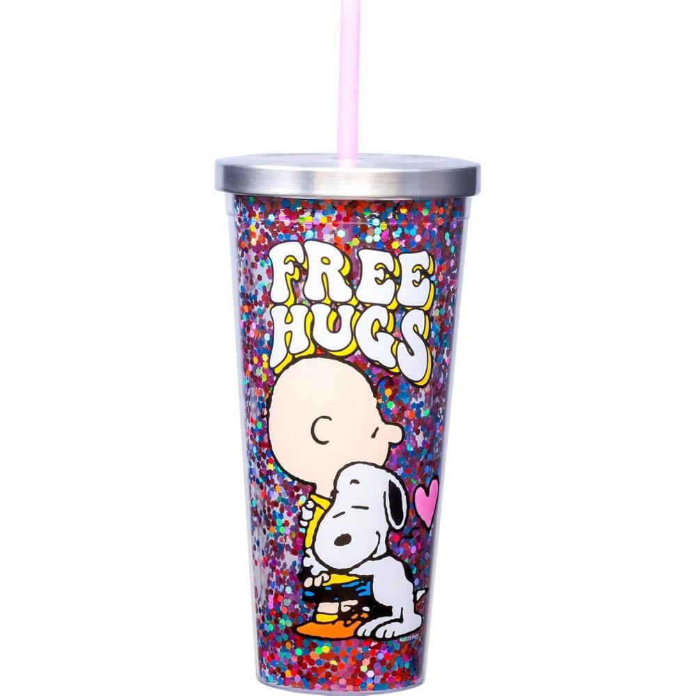 image:imageSpoontiques Glitter Filled Acrylic Tumbler Glitter Cup with Straw 20 oz Stainless Steel Locking Lid with Straw Double Wall Insulated BPA Free Frosty the Snowman Glitter CupPeanuts Free Hugs