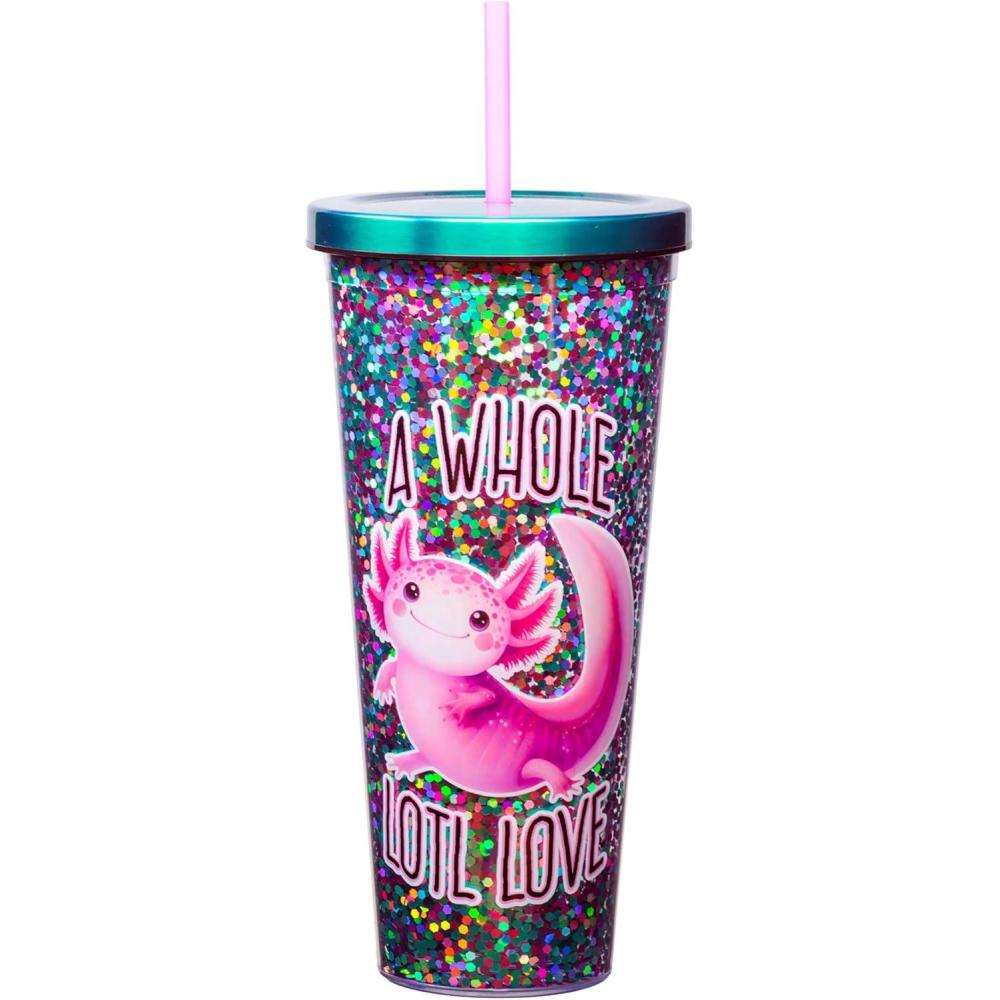 image:imageSpoontiques Glitter Filled Acrylic Tumbler Glitter Cup with Straw 32oz Stainless Steel Locking Lid with Straw Double Wall Insulated BPA Free AxolotlAxolotl