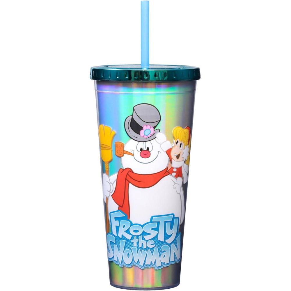 image:imageSpoontiques Acrylic Foil Cup with Straw 20oz  Metallic Locking Double Wall Insulated BPA Free  Frosty the SnowmanFrosty the Snowman