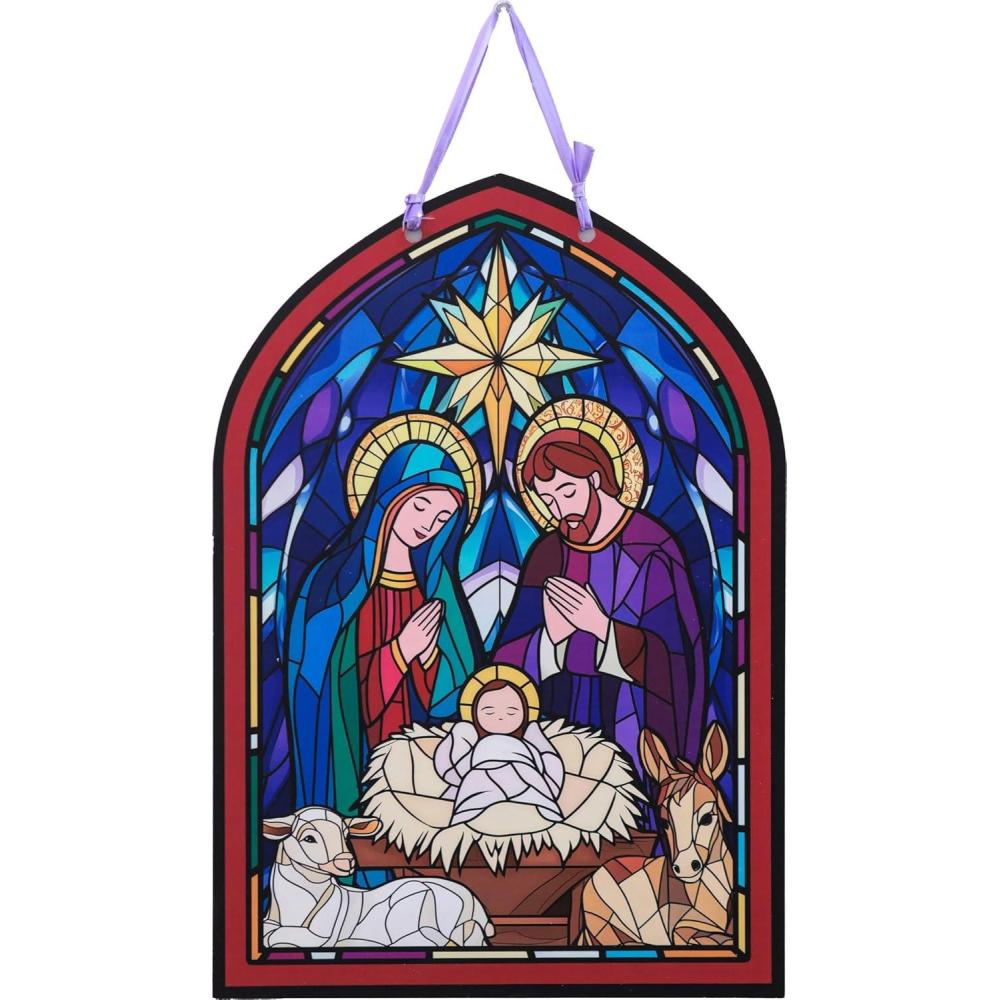 image:imageSpoontiques Door Dcor Sign Weatherproof PVC Signs for Indoor or Outdoor Use Includes Decorative Ribbon for Hanging Nativity Door Sign