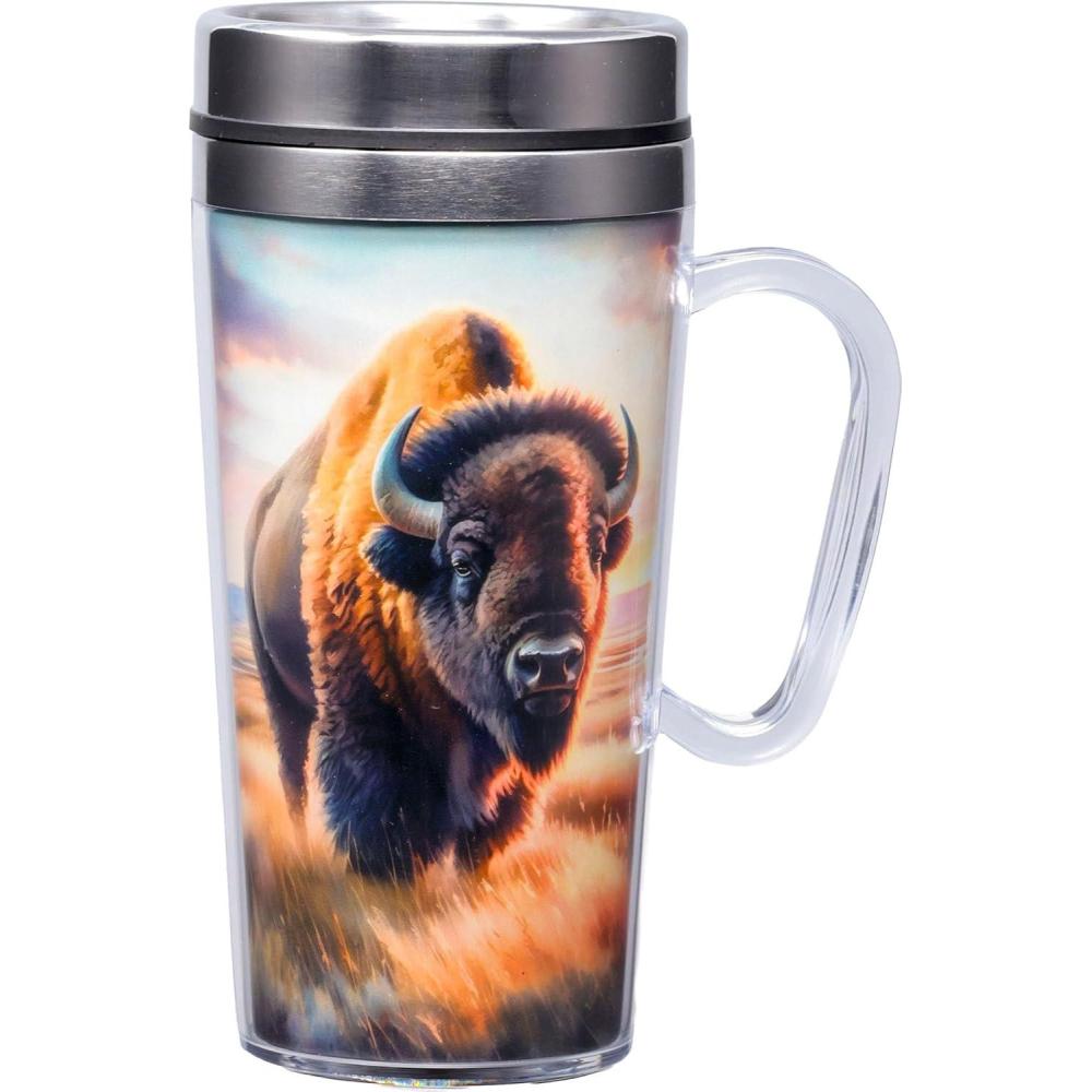 image:imageSpoontiques Insulated Travel Mug 14oz Double Wall Stainless amp Acrylic Drink Cup with Twist Top Lid amp Handle HorseBuffalo