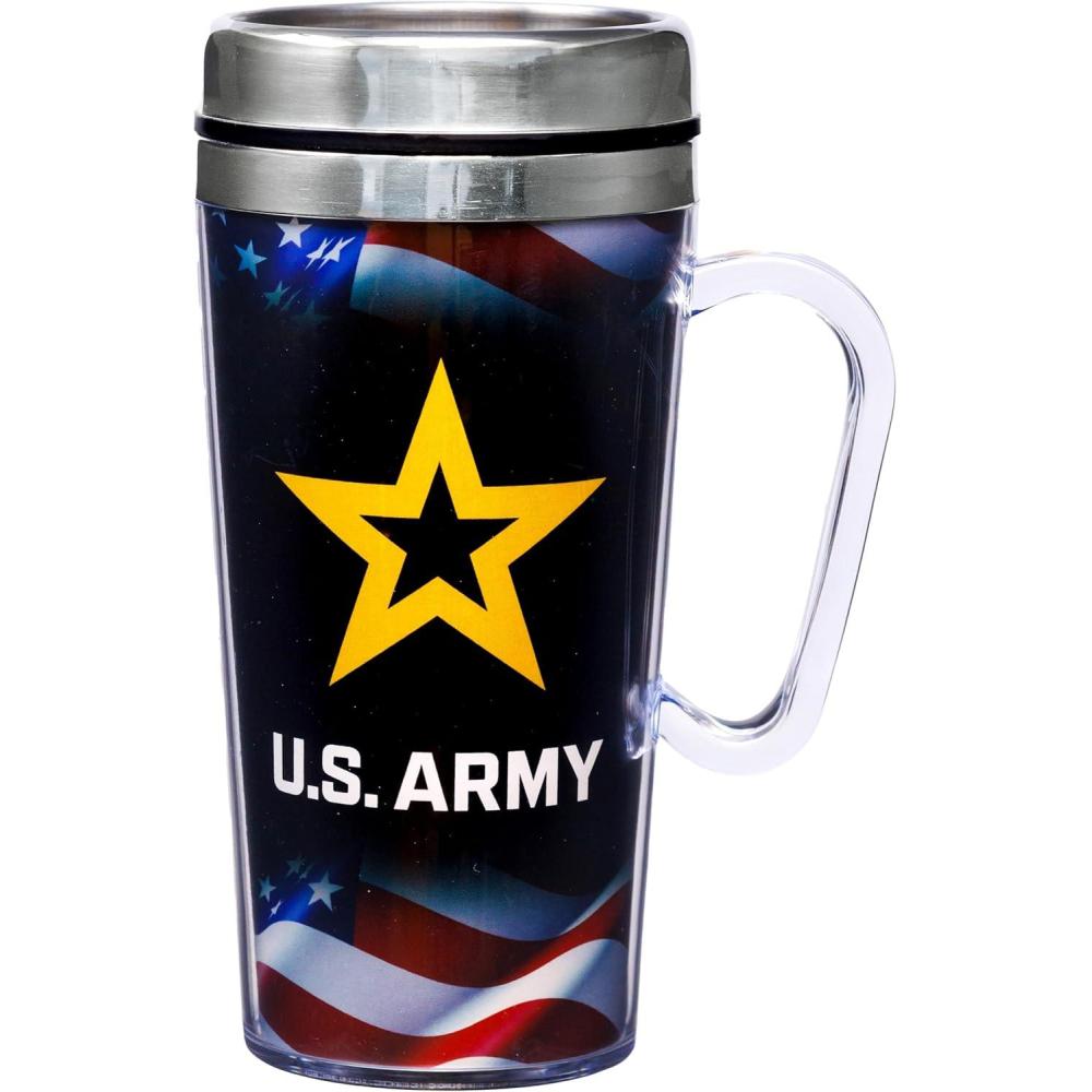 image:imageSpoontiques Insulated Travel Mug 14oz Double Wall Stainless amp Acrylic Drink Cup with Twist Top Lid amp Handle HorseUS Army
