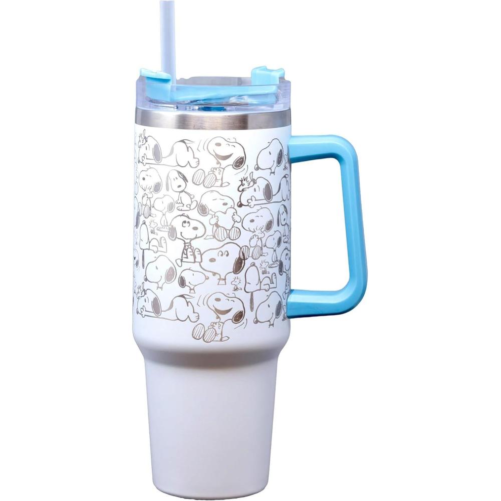 image:imageSpoontiques Peanuts Stainless Steel Travel Mug 40oz Double Wall Insulation Sturdy Handle Sliding Lock Travel Lid Joe CoolPeanuts Snoopy Etched