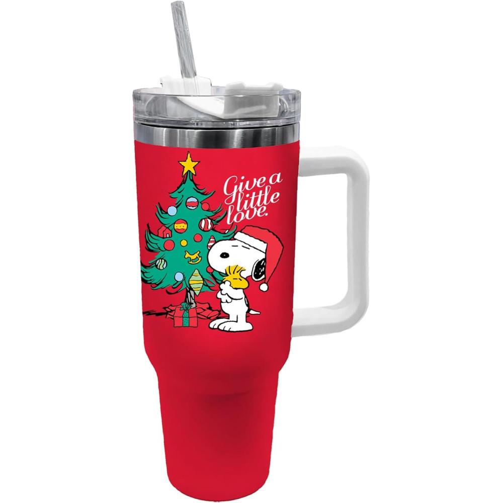 image:imageSpoontiques Peanuts Stainless Steel Travel Mug 40oz Double Wall Insulation Sturdy Handle Sliding Lock Travel Lid Joe CoolPeanuts Snoopy Christmas