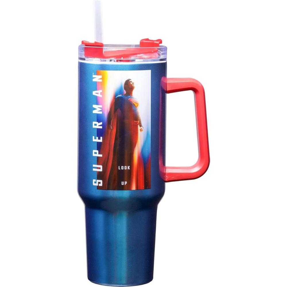 image:imageSpoontiques Peanuts Stainless Steel Travel Mug 40oz Double Wall Insulation Sturdy Handle Sliding Lock Travel Lid Joe CoolSuperman Legacy