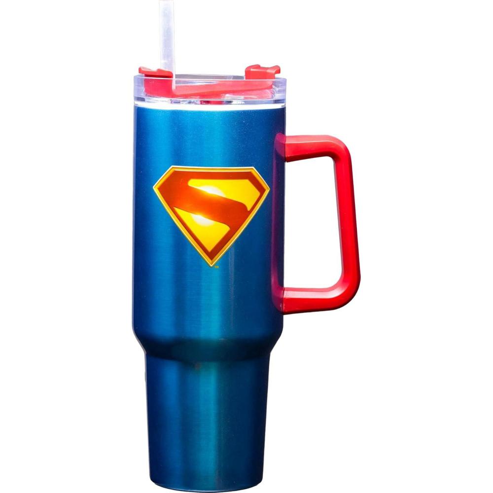 image:imageSpoontiques Peanuts Stainless Steel Travel Mug 40oz Double Wall Insulation Sturdy Handle Sliding Lock Travel Lid Joe CoolSuperman Legacy Logo