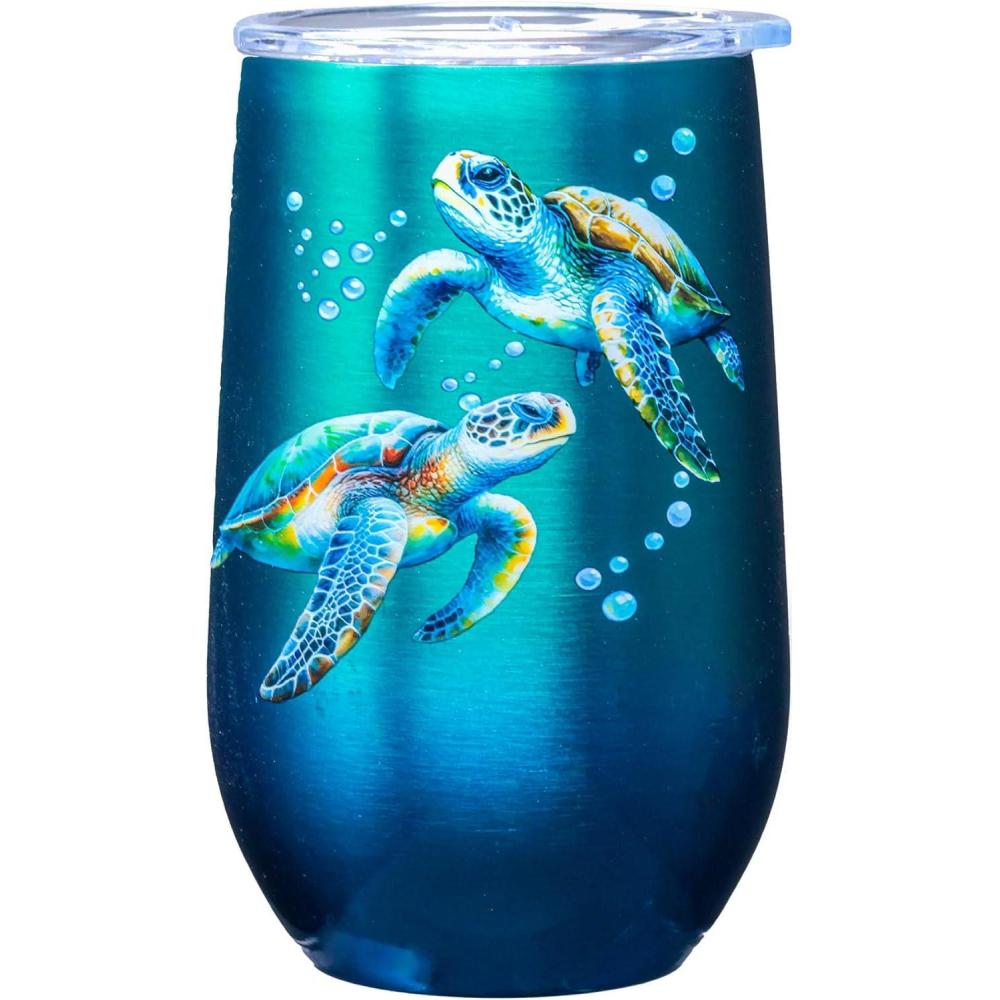 image:imageSpoontiques Sea Turtle Stainless Steel Tumbler  Insulated Wine Tumbler with Lid  Double Wall Stainless Steel Stemless Wine Glass  16oz  5 58 TallSea Turtle