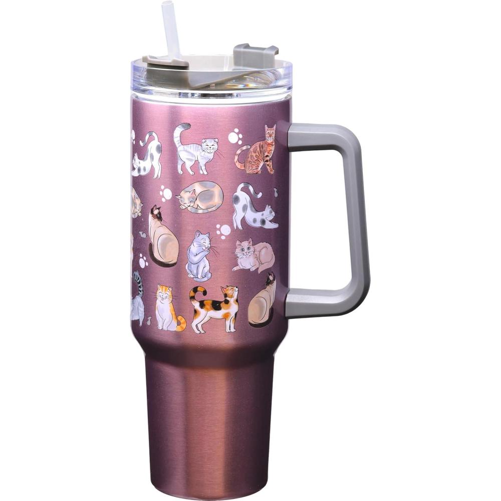 image:imageSpoontiques Stainless Steel Travel Mug 40oz  Double Wall Insulation Sturdy Handle Sliding Lock Travel Lid  CamoCat Doodles