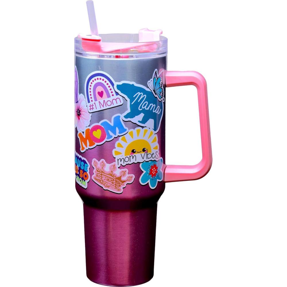 image:imageSpoontiques Stainless Steel Travel Mug 40oz  Double Wall Insulation Sturdy Handle Sliding Lock Travel Lid  CamoMom Sticker Art