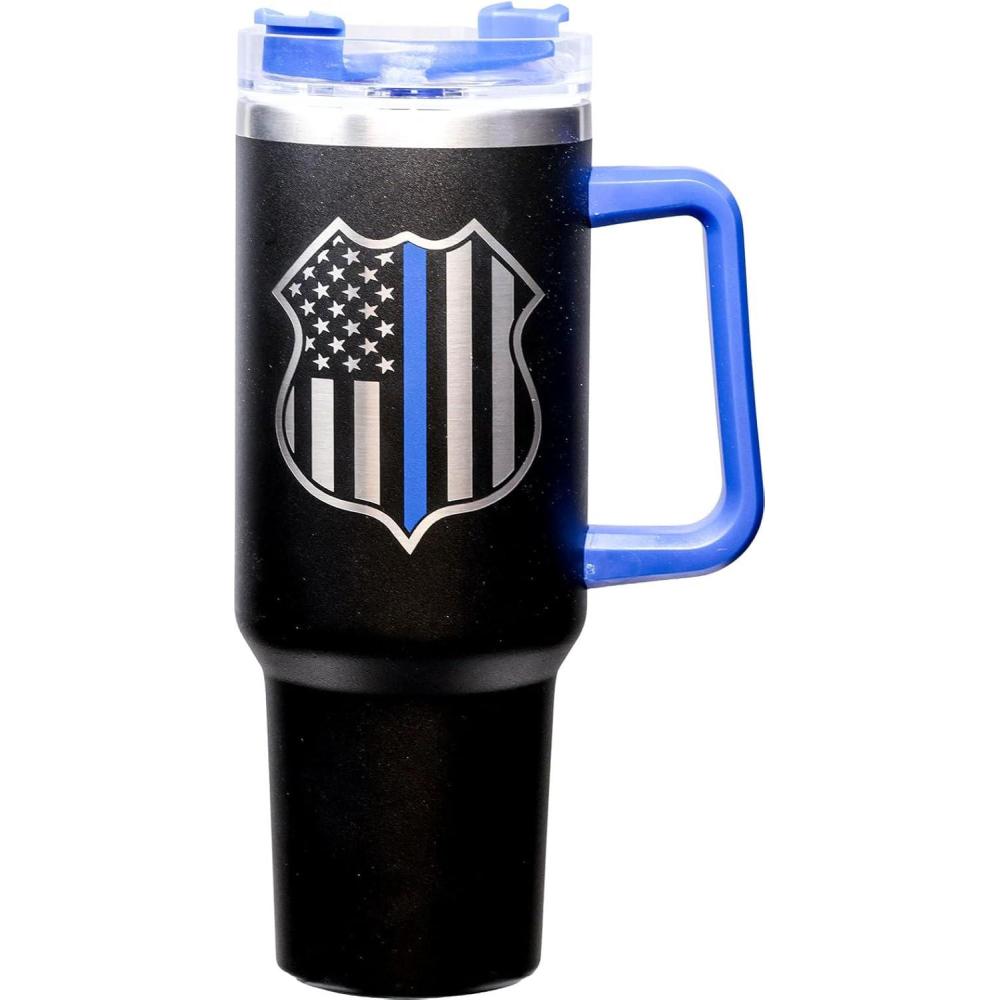 image:imageSpoontiques Stainless Steel Travel Mug 40oz  Double Wall Insulation Sturdy Handle Sliding Lock Travel Lid  CamoPolice  Etched
