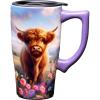 Spoontiques – Ceramic Travel Coffee Mug with Lid and Handle – Spill Proof Lid – Double Walled Mug for Hot and Cold Beverages – Microwave and Dishwasher Safe – Fishing Lures Travel Mug(Highland Cow)