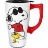 Spoontiques – Ceramic Travel Coffee Mug with Lid and Handle – Spill Proof Lid – Double Walled Mug for Hot and Cold Beverages – Microwave and Dishwasher Safe – Gilmore Girls Travel Mug(Peanuts Joe Cool)