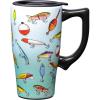 Spoontiques – Ceramic Travel Coffee Mug with Lid and Handle – Spill Proof Lid – Double Walled Mug for Hot and Cold Beverages – Microwave and Dishwasher Safe – Fishing Lures Travel Mug(Fishing Lures)