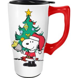 Spoontiques – Ceramic Travel Coffee Mug with Lid and Handle – Spill Proof Lid – Double Walled Mug for Hot and Cold Beverages – Microwave and Dishwasher Safe – Gilmore Girls Travel Mug(Peanuts Snoopy Christmas)
