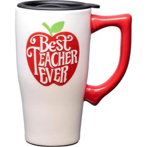 Spoontiques – Ceramic Travel Coffee Mug with Lid and Handle – Spill Proof Lid – Double Walled Mug for Hot and Cold Beverages – Microwave and Dishwasher Safe – Best Teacher Ever Travel Mug