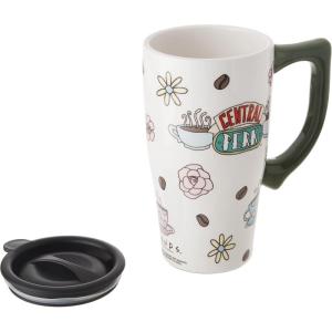 Spoontiques – Ceramic Travel Coffee Mug with Lid and Handle – Spill Proof Lid – Double Walled Mug for Hot and Cold Beverages – Microwave and Dishwasher Safe – Gilmore Girls Travel Mug(Central Perk)