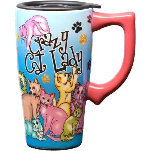Spoontiques – Ceramic Travel Coffee Mug with Lid and Handle – Spill Proof Lid – Double Walled Mug for Hot and Cold Beverages – Microwave and Dishwasher Safe – Fishing Lures Travel Mug(Crazy Cat Lady)