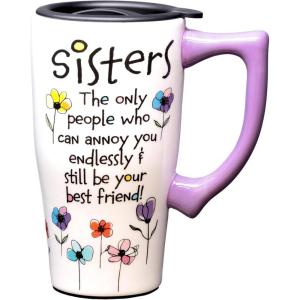 Spoontiques – Ceramic Travel Coffee Mug with Lid and Handle – Spill Proof Lid – Double Walled Mug for Hot and Cold Beverages – Microwave and Dishwasher Safe – Sisters Travel Mug