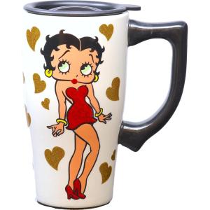 Spoontiques – Ceramic Travel Coffee Mug with Lid and Handle – Spill Proof Lid – Double Walled Mug for Hot and Cold Beverages – Microwave and Dishwasher Safe – Gilmore Girls Travel Mug(Betty Boop)