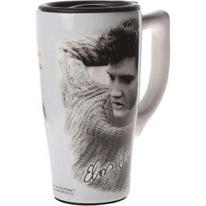Spoontiques – Ceramic Travel Coffee Mug with Lid and Handle – Spill Proof Lid – Double Walled Mug for Hot and Cold Beverages – Microwave and Dishwasher Safe – Gilmore Girls Travel Mug(Elvis)