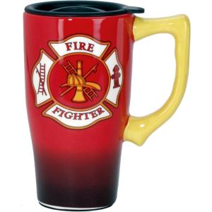 Spoontiques – Ceramic Travel Coffee Mug with Lid and Handle – Spill Proof Lid – Double Walled Mug for Hot and Cold Beverages – Microwave and Dishwasher Safe – Fishing Lures Travel Mug(Firefighter)