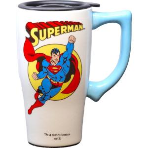 Spoontiques – Ceramic Travel Coffee Mug with Lid and Handle – Spill Proof Lid – Double Walled Mug for Hot and Cold Beverages – Microwave and Dishwasher Safe – Gilmore Girls Travel Mug(Superman)