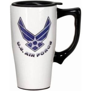 Spoontiques – Ceramic Travel Coffee Mug with Lid and Handle – Spill Proof Lid – Double Walled Mug for Hot and Cold Beverages – Microwave and Dishwasher Safe – Fishing Lures Travel Mug(Air Force)