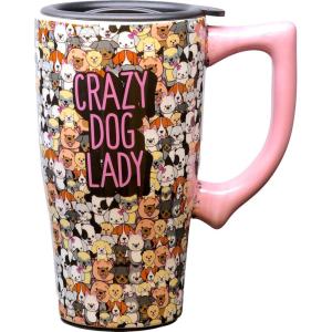 Spoontiques – Ceramic Travel Coffee Mug with Lid and Handle – Spill Proof Lid – Double Walled Mug for Hot and Cold Beverages – Microwave and Dishwasher Safe – Fishing Lures Travel Mug(Crazy Dog Lady)