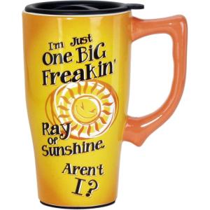 Spoontiques – Ceramic Travel Coffee Mug with Lid and Handle – Spill Proof Lid – Double Walled Mug for Hot and Cold Beverages – Microwave and Dishwasher Safe – Fishing Lures Travel Mug(Big Ray of Sunshine)