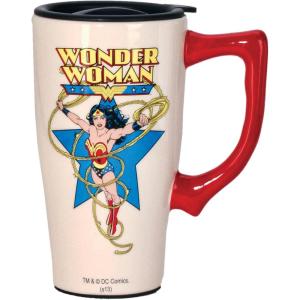 Spoontiques – Ceramic Travel Coffee Mug with Lid and Handle – Spill Proof Lid – Double Walled Mug for Hot and Cold Beverages – Microwave and Dishwasher Safe – Gilmore Girls Travel Mug(Wonder Woman)